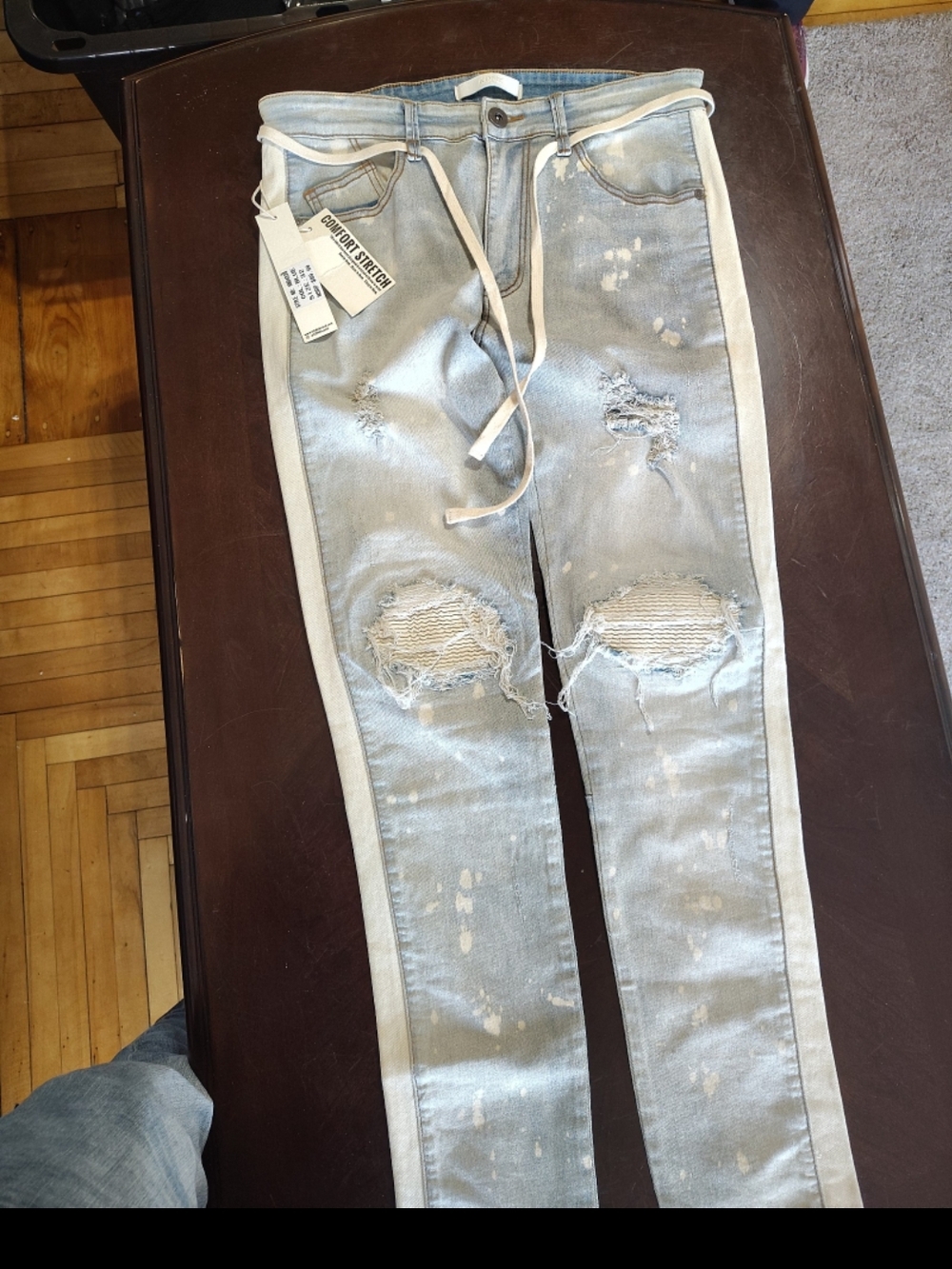 Men's Light Blue Distressed Straight Jeans with White Side Stripe